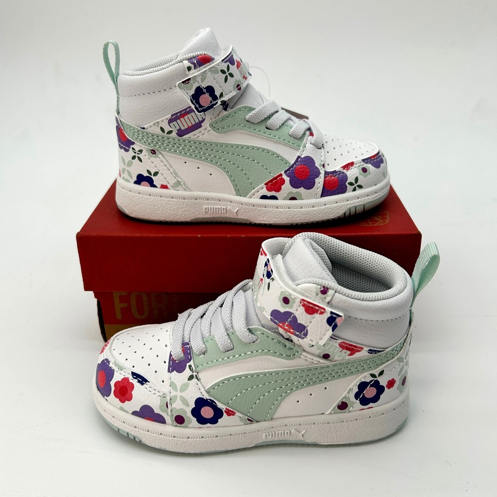 PUMA Rebound V6 Flower Garden Toddler Size 6 Sneakers White Mint NEW 403605-01
